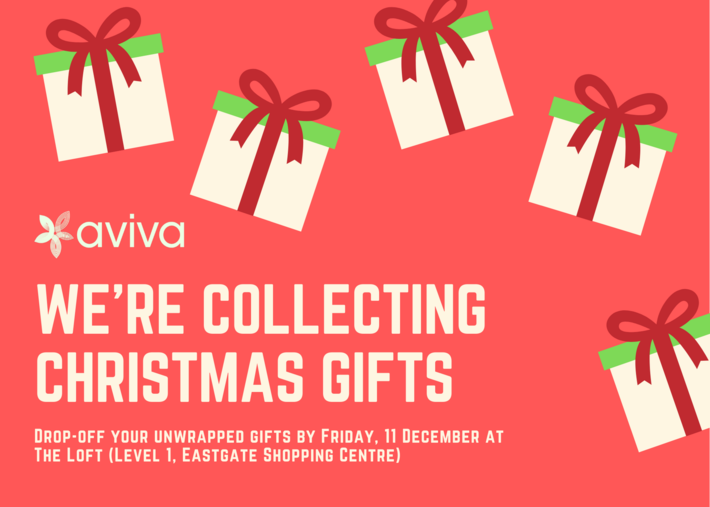Red background with images of Christmas gifts and white text reading, "Aviva. We're collecting Christmas gifts"