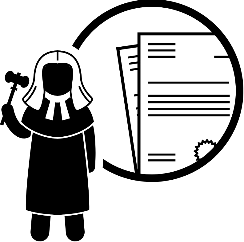A judge with a gavel stands with legal documents