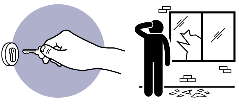 a key entering a lock and a person looking at a broken window