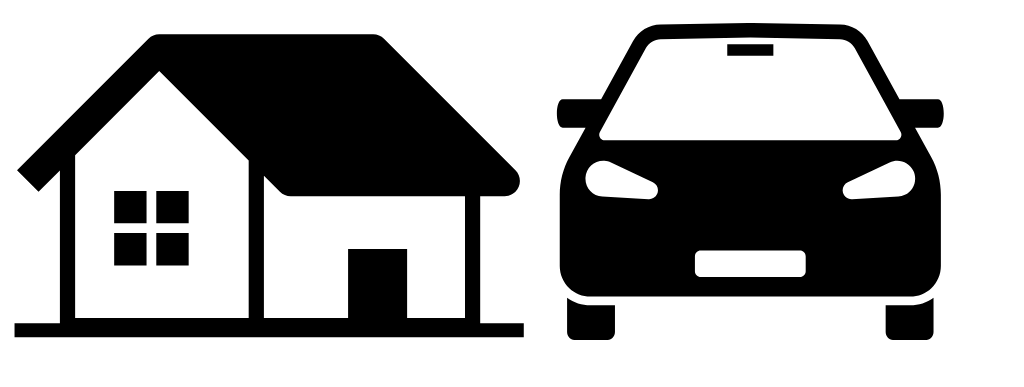 a black and white house and car