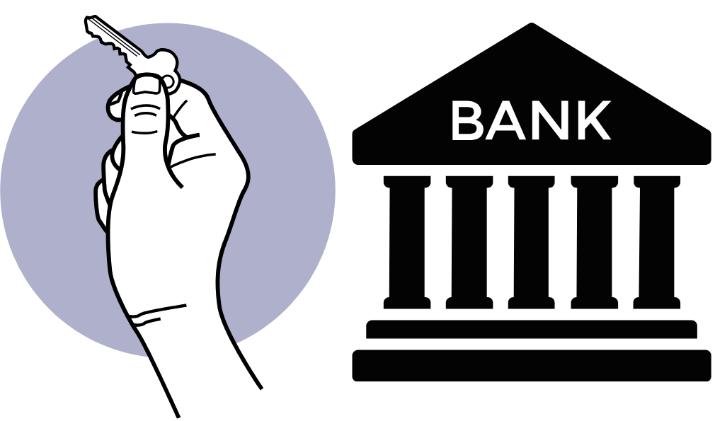 a hand holding a key and a bank