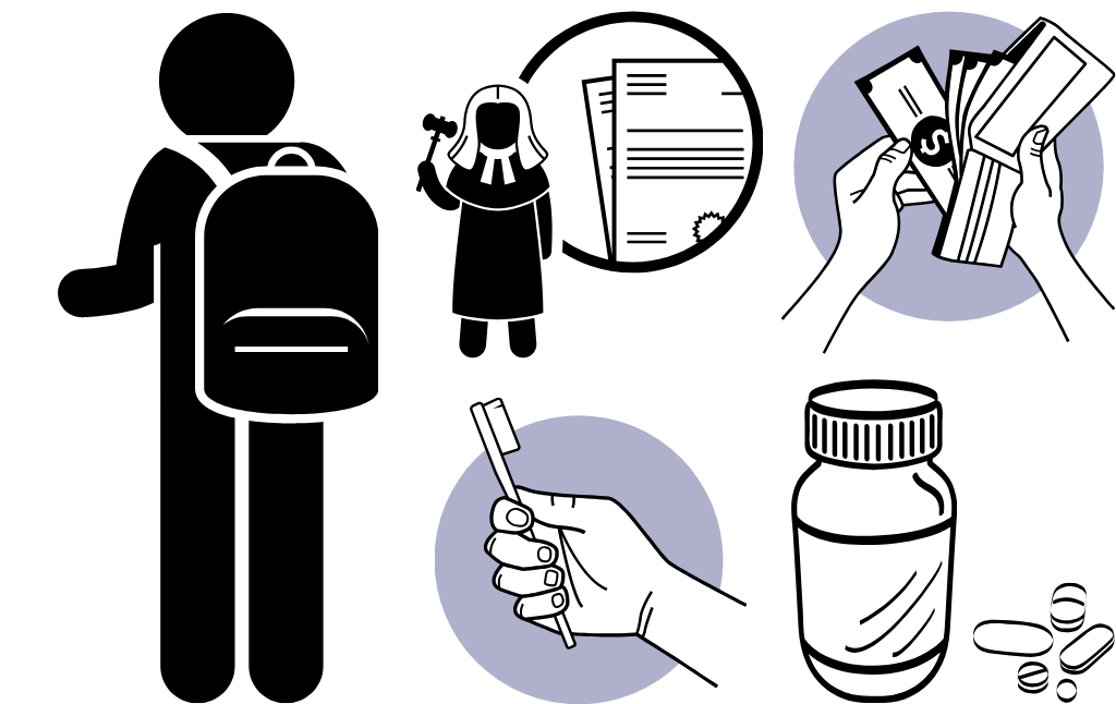 a person wears a backpack with legal documents, cash, toiletries and medicine