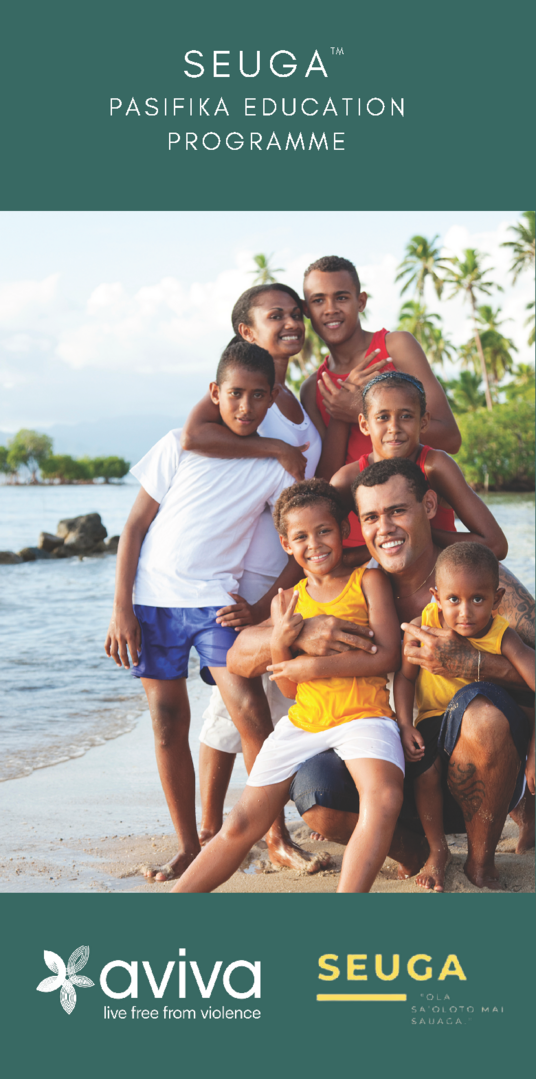 a Pasifika family sits on the beach on the front of Aviva's Seuga brochure
