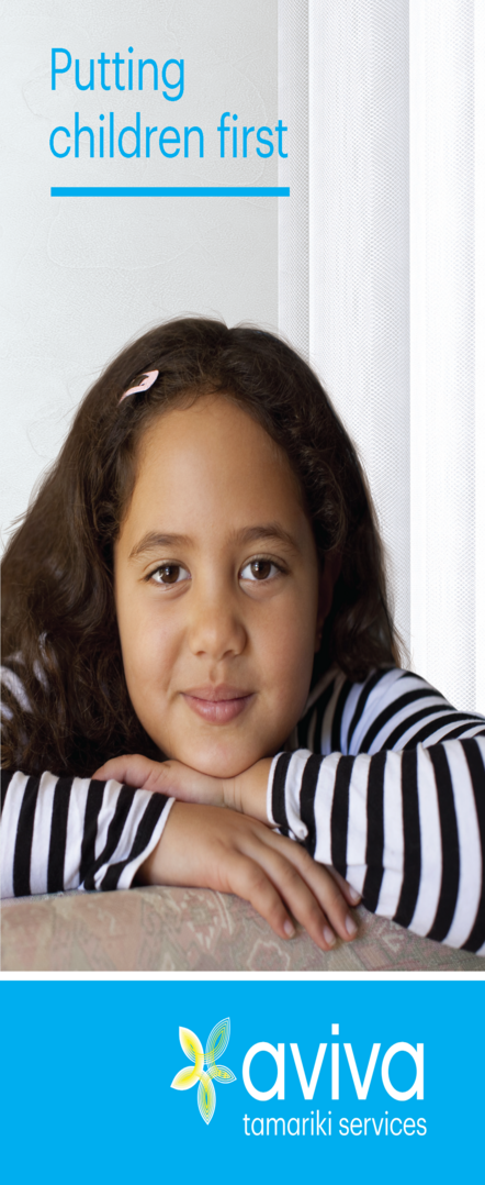 Maori girl smiles shyly on the front page of Aviva's Tamariki Brochure