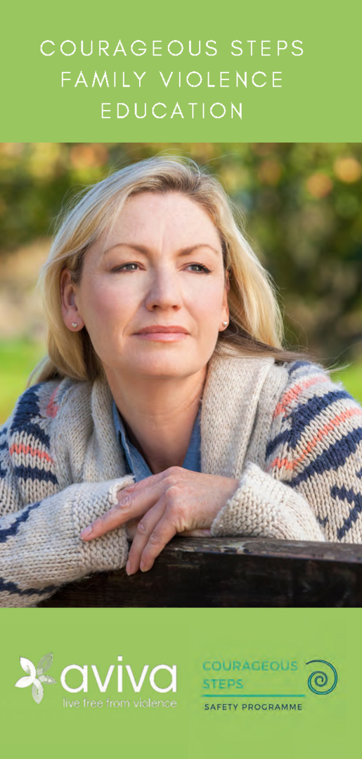 a middle aged white woman on the front of the Courageous Steps brochure